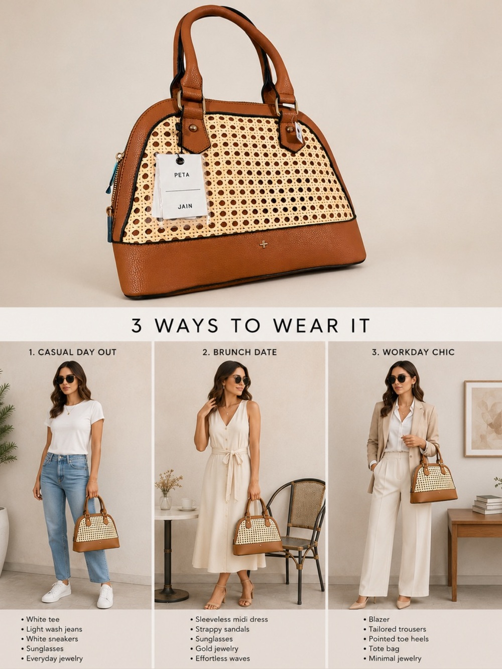 Peta + Jain Brown and Cream Woven Dome Satchel with Detachable Strap